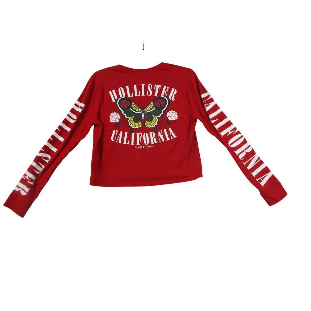 Hollister California Womens‎ Red Butterfly Graphic Long Sleeve Crop Tee XS 5734